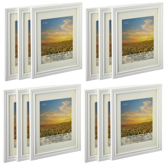 Studio Decor 3 Sheets (12 total) 8" x 10" White Frame with Mat - Includes Pre-attached Hanging Hardware, Horizontal or Vertical Display - Bulk 4 Pack