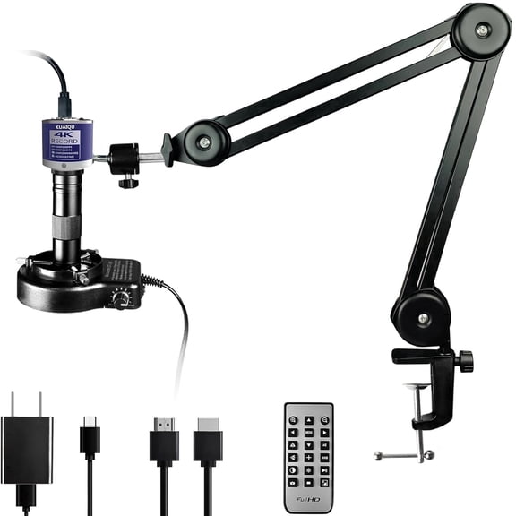 Kuaiqu Digital Microscope Camera 48MP 4K 1080P Industrial Video Microscopes HDMI Type-C 150X Zoom C-Mount Lens Flexible Boom Arm Stand LED Ring Light with Windows,for Watch Jewelry Repair Appraisal