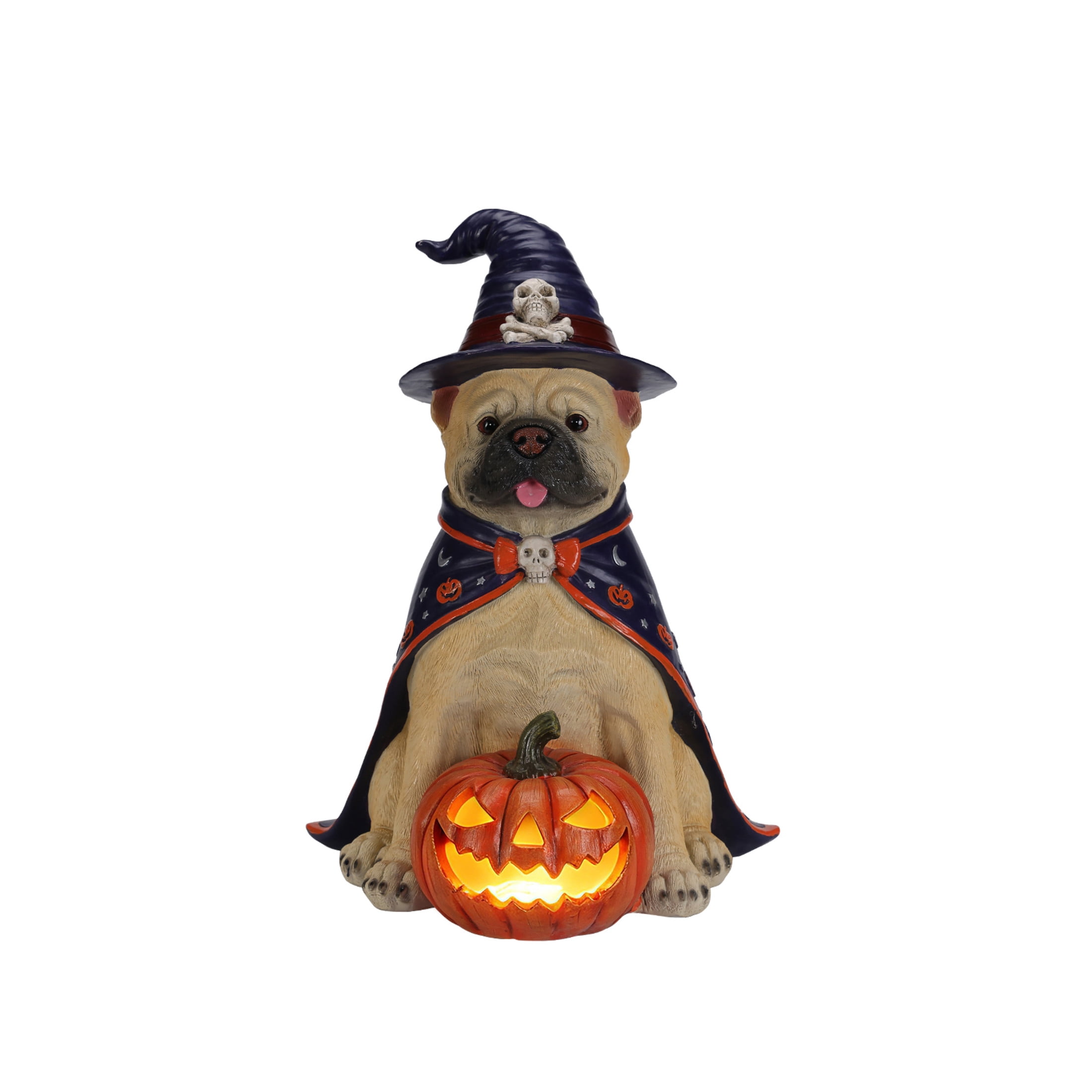 Noble House Halloween Bulldog Witch Puppy Figurine with Pumpkin Lantern, Decorative Statue, Brown