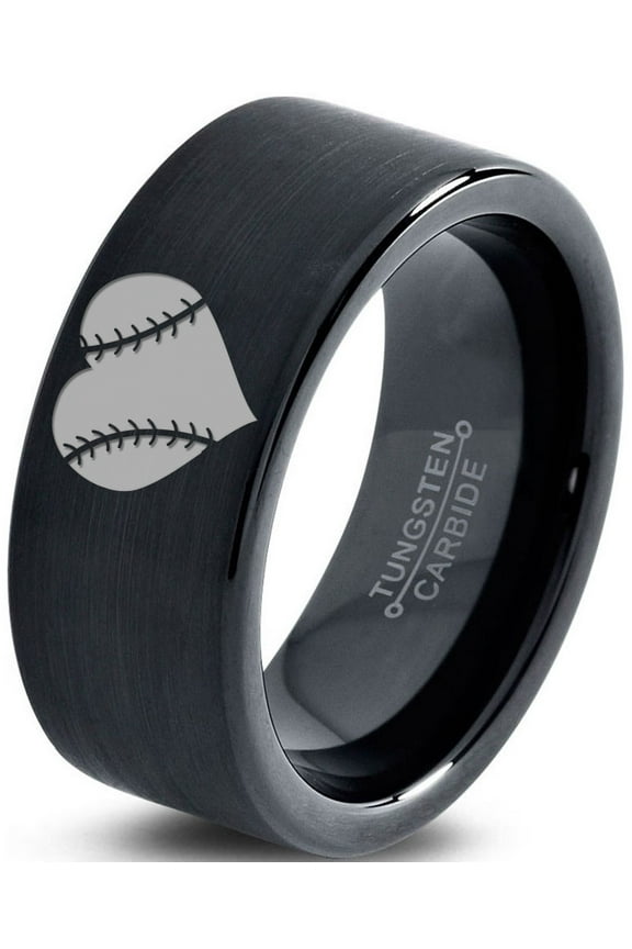 Tungsten Heart Shaped Baseball Ball Band Ring 9mm Men Women Comfort Fit Black Flat Cut Brushed Polished