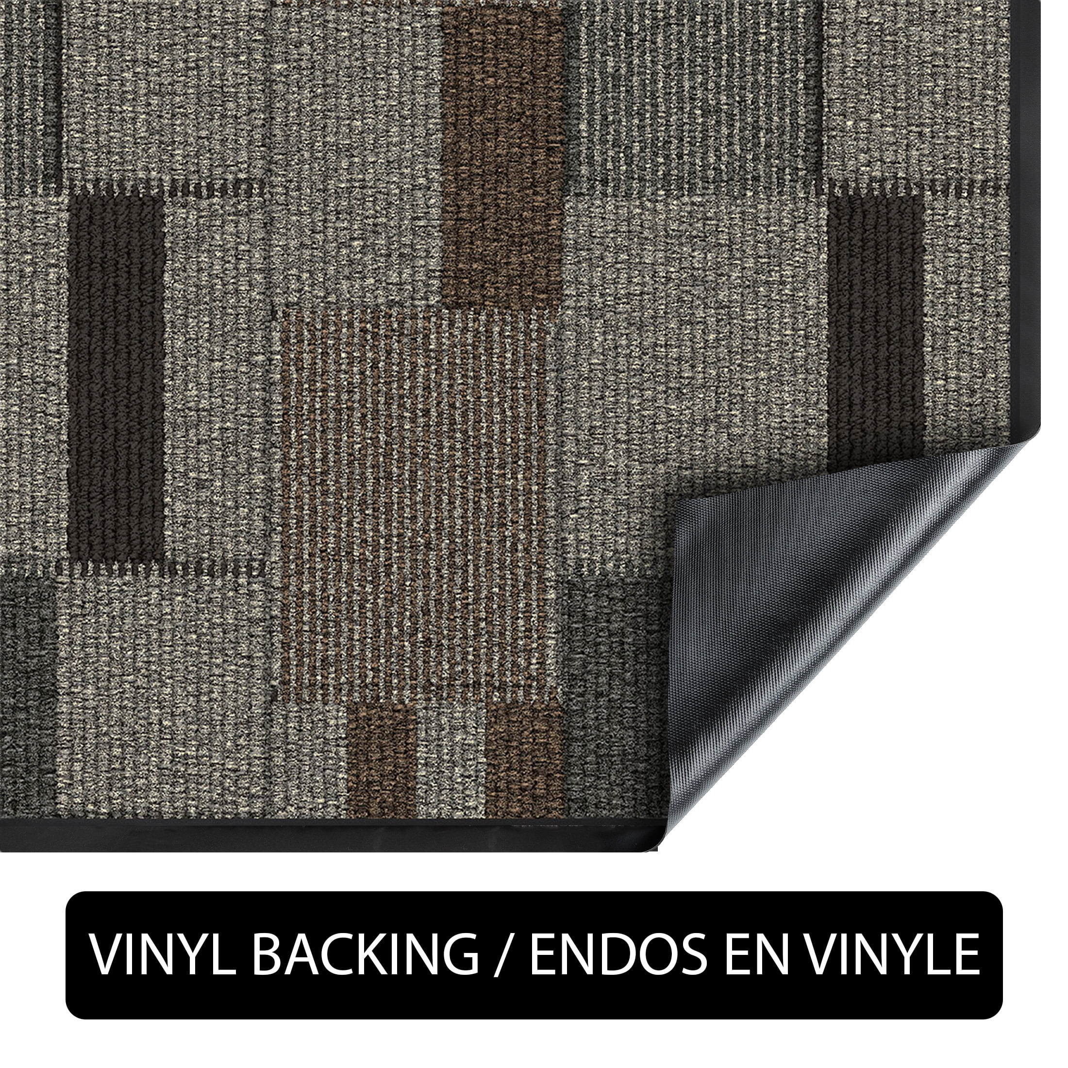 Mainstays tapis utilitaire intérieur/extérieur moderne à blocs géométriques taupe, gris et brun, 3' x 4', endos en vinyle, facile d’entretien