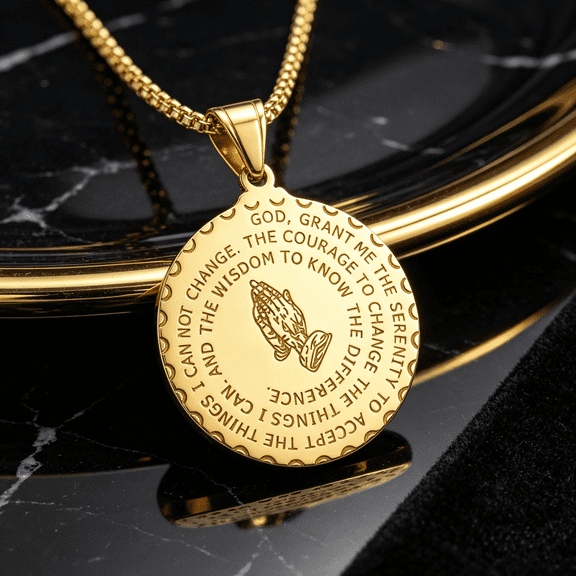 Serenity Prayer Praying Hands Round Medallion Pendant Necklace For Men Women, 14K Gold Filled Soft Profile Stately Enduring Build Jewelry