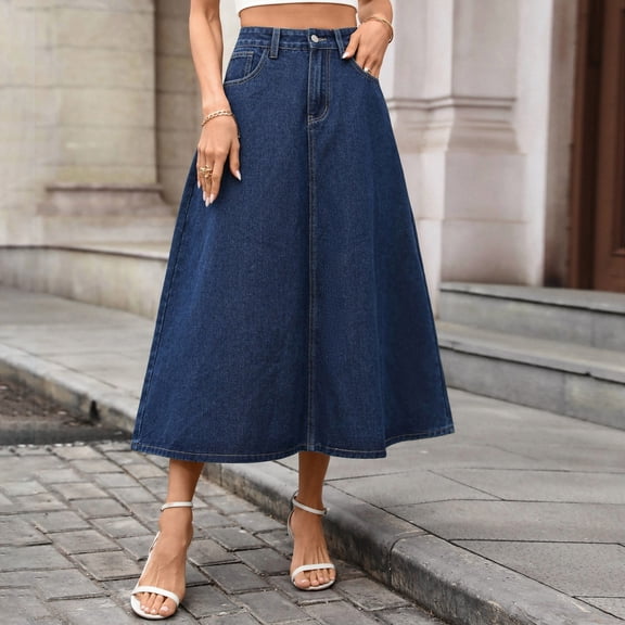 ClodeEU Women's High Waist A Line Denim Skirt,Casual Elastic Waist Midi Jean Skirt Dark Blue,Women's Plus L