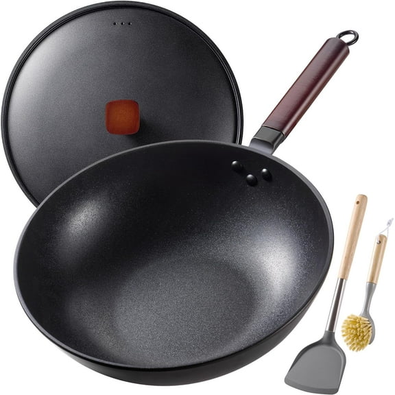 MY Carbon Steel Wok -13 Inch Woks & Stir-fry Pans Nonstick, Wok Pan with Lid Spatula and Dish Brush: Pre-Seasoned Flat Bottom Chinese Woks for Induction, Electric, Gas, All Stoves
