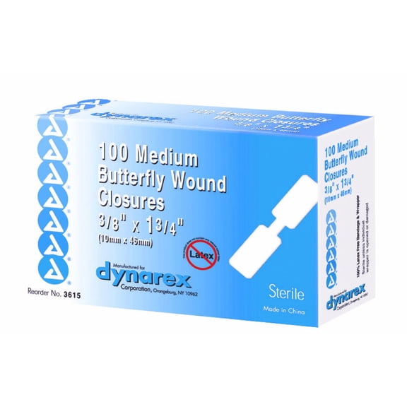 Dynarex Adhesive Bandage, Butterfly Fab, Medium, 3/8 Inches x 1 13/16 Inches Sterile, 100 Count (Pack of 3)