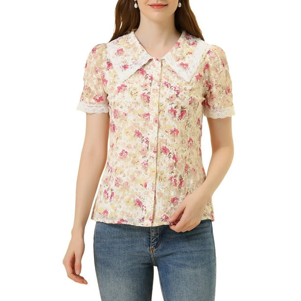 CAMISA CHIC Floral para Mujer de INSPIRE CHIC, Manga Corta, Cuello Peter Pan de Encaje, Blusa de Botones para el Día de la Madre, Beige Rosa S