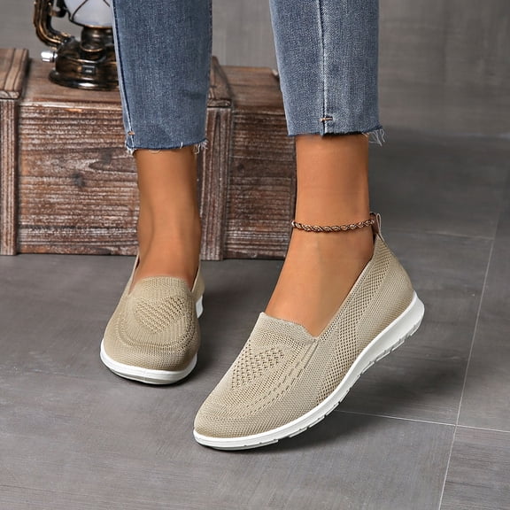 Women's Knitting Flat Shoes Fashion Casual Versatile Plus Size Slip-On Lightweight Comfortable Shoes Spring Summer Novel Trendy Wedge Flats Beige 8.5