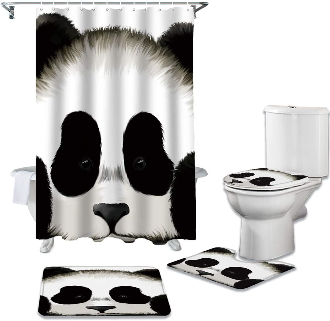 Cute Cartoon Panda Shower Curtain Bath Mat Toilet Cover Rug Bathroom Decor 