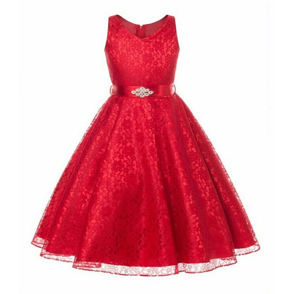 FAOWME Child Dress Kids Sleeveless Lace Princess Fluffy Dress Girls Wedding Dress Flower Girl Dress Red 7-8 Years