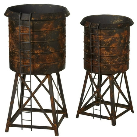 - CBK Metal 2 Piece Set Distressed Black Water Tower Planter 157647