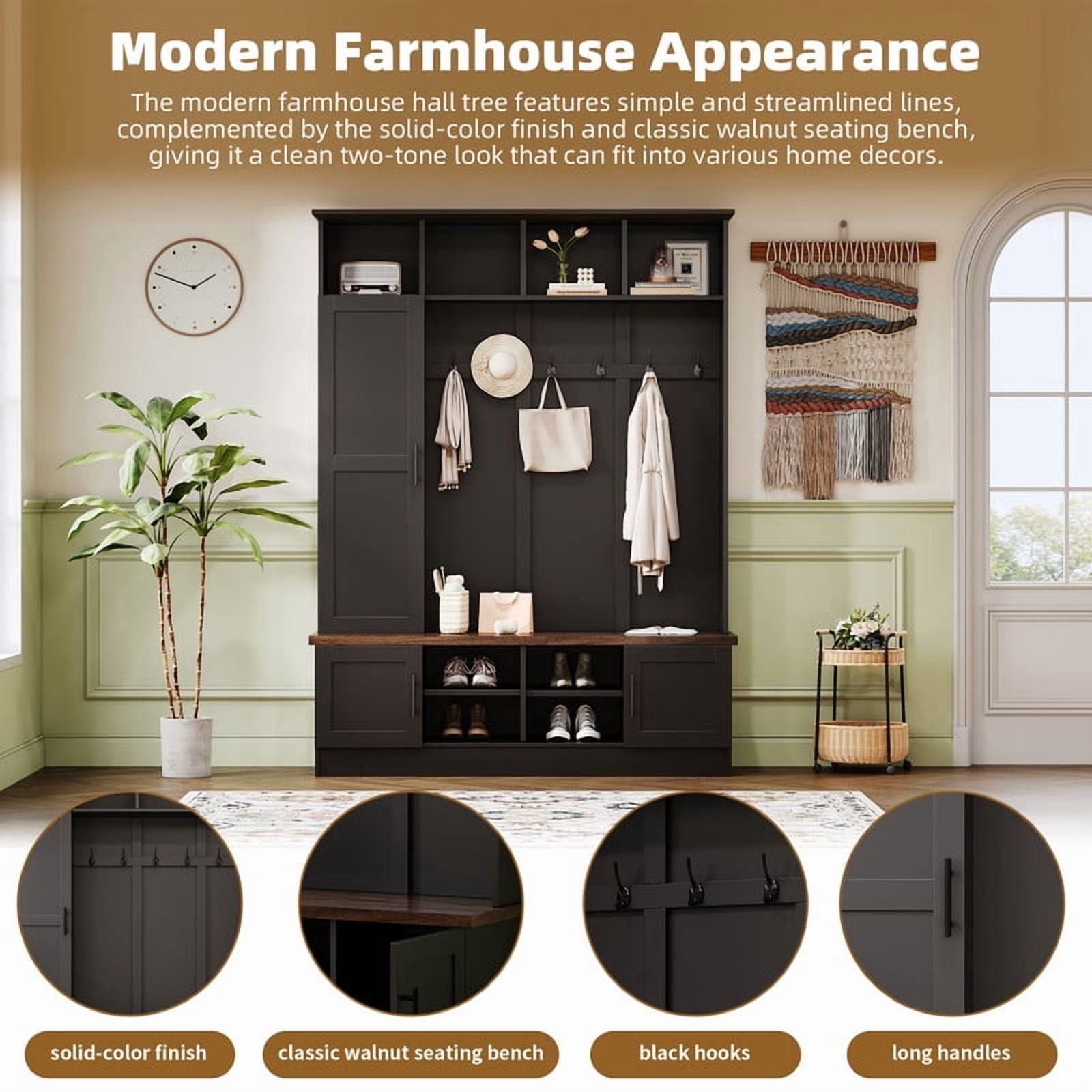 Farmhouse 3-in-1 Hall Tree with 6 Hooks, Entryway Coat Rack with Adjustable Shelves, Versatile Shoe Storage Bench with Open Cubbies