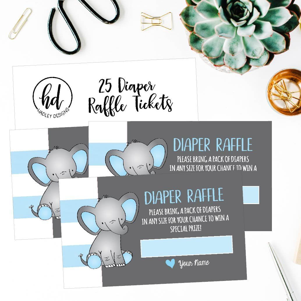 Theme Boy Chevron Baby Shower Game Activity Blue, Grey 50 Diaper Raffle Tickets for Baby Shower Elephant 