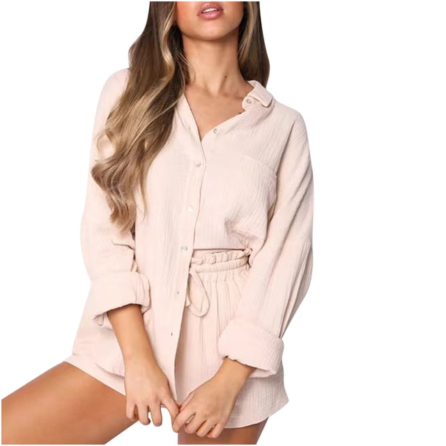 Mikilon Ensemble Élégant pour Femmes 2 Pcs Été Couleur Unie Col à Revers Manches Longues + Shorts Ensemble Mode et Confortable Col à Revers Beige TP
