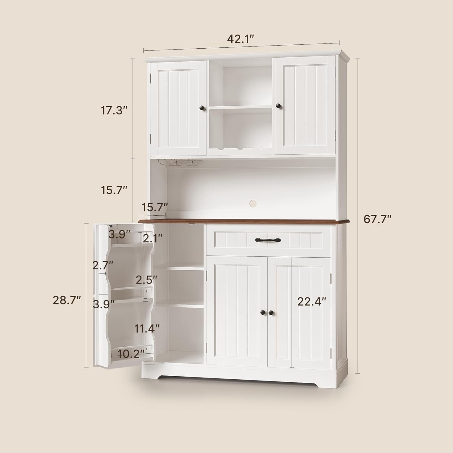 67" Kitchen Hutch Cabinet with 5 Doors and 14 Shelves, Noelse Large Wooden Kitchen Pantry Storage Cabinet with Drawer, Tall Coffee Bar for Dining Room, White and Rustic