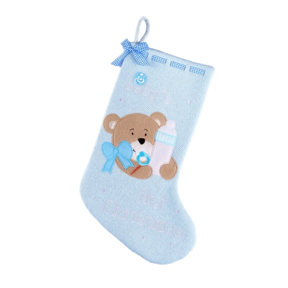 Blue Christmas Stocking with Teddy Bear and Bottle Design, Knitted Fabric, for 's First Christmas, Christmas Tree Decoration