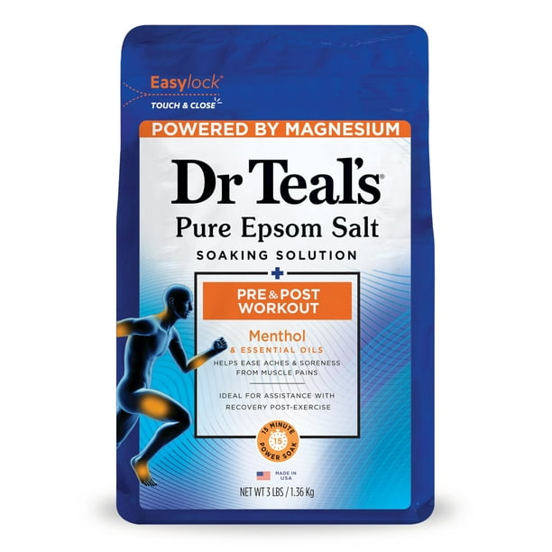 Dr. Teal's Epsom Salt Magnesium Soak, pre y post entrenamiento con mentol y aceites esenciales, 3 lb