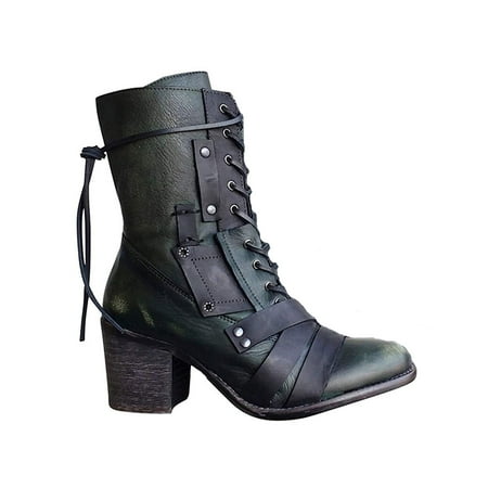 

Inkach Womens Shoes Laceing Mid Heel Rivets Zipper Fashion Shoes Mid Leather Boots