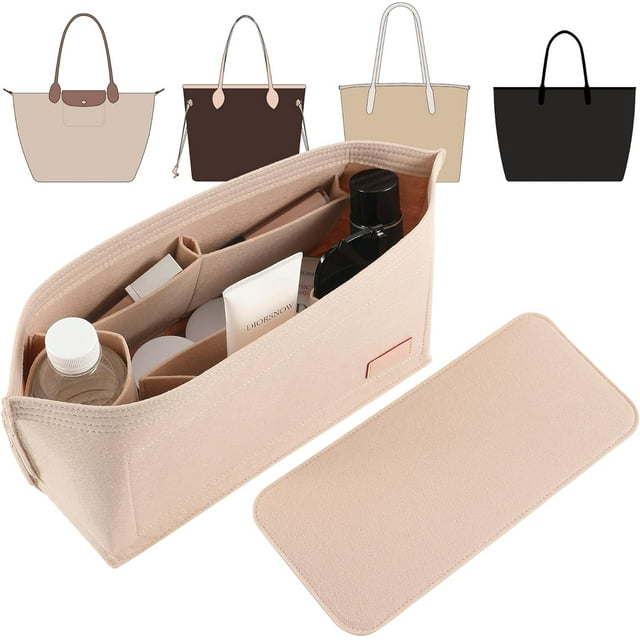 czcpp-Purse Organizer Insert for Handbags & Base Shaper 2pc Set,Felt Organizer Insert Large Tote,Bag Organizer with Zipper 3 Sizes,Fit Speedy Neverfull MM and More(Beige-L-Combination)