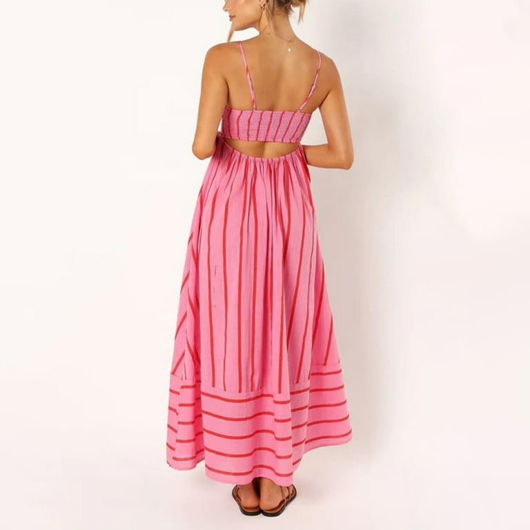 Jzuxvd Women's Striped Back Smocked Maxi Dress Sexy