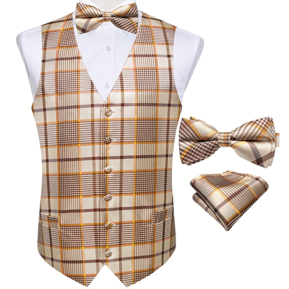 VERVEROW Men's Plaid Jacquard Suit Vest, 6 Button V Neck Wedding Waistcoat Set with Bow Tie & Pocket Square, Khaki Brown