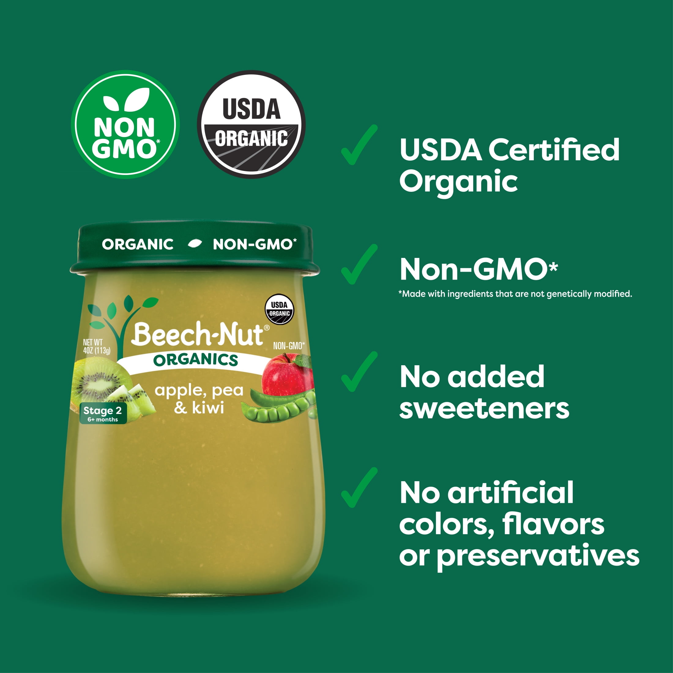 Beech-Nut Organics Stage 2 Organic Baby Food, Apple Pea & Kiwi, 4oz Jar