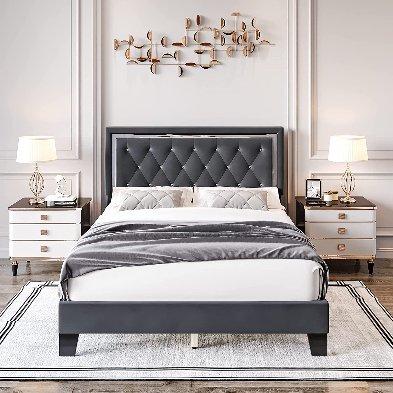 Faux Leather Upholstered Mattress Foundation SHA CERLIN Full Size Platform Bed Frame with Button Tufted Headboard No Box Spring Needed Wooden Slat Support White
