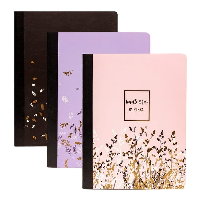 Pukka Pad , Cahiers de Composition, Lot de 3 Journaux avec 140 Pages de Papier Ligné Universitaire 80GSM avec Couverture Robuste, 9.75 x 7.5 Po, Rochelle & Jess