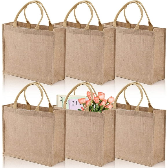 6 Pack Jute Tote Bag, Burlap Gift Tote with Handle, Grocery Shopping Bag for DIY, Wedding,15.4''x12.2''x5.9''