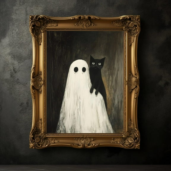 Miluva Black cat sitting on ghost shoulder print – Halloween art poster – Spooky ghost wall art, 8x12 UNFRAMED