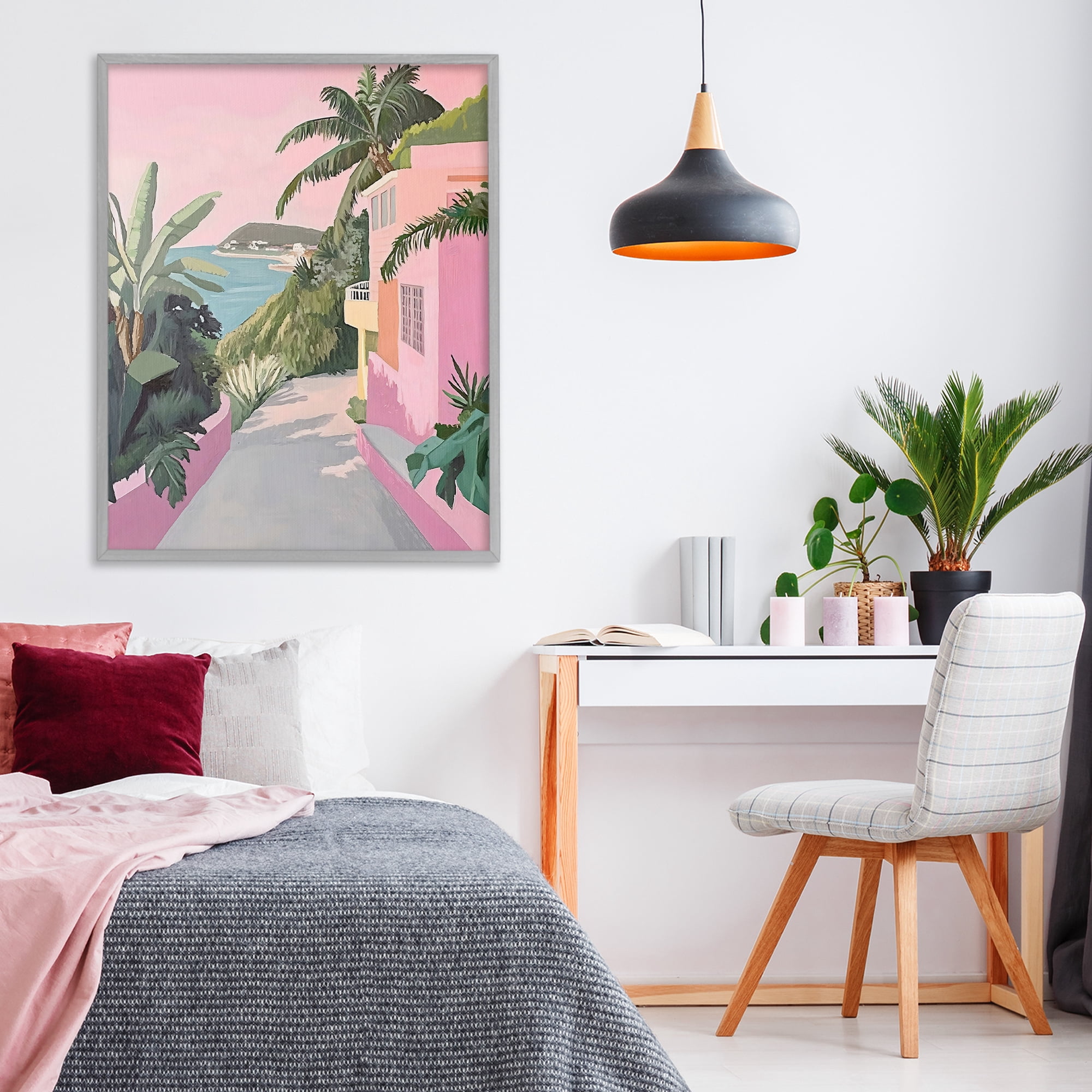 Stupell Industries Mediterranean Pink Coastal House Gray Framed Giclee Art, design by The Prints Vibe