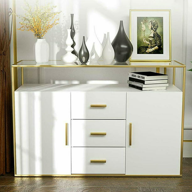 Mecor Kitchen Sideboard Cabinet,Tempered Glass Top Buffet Storage Cabinet with 3 Drawers,2 Doors ...