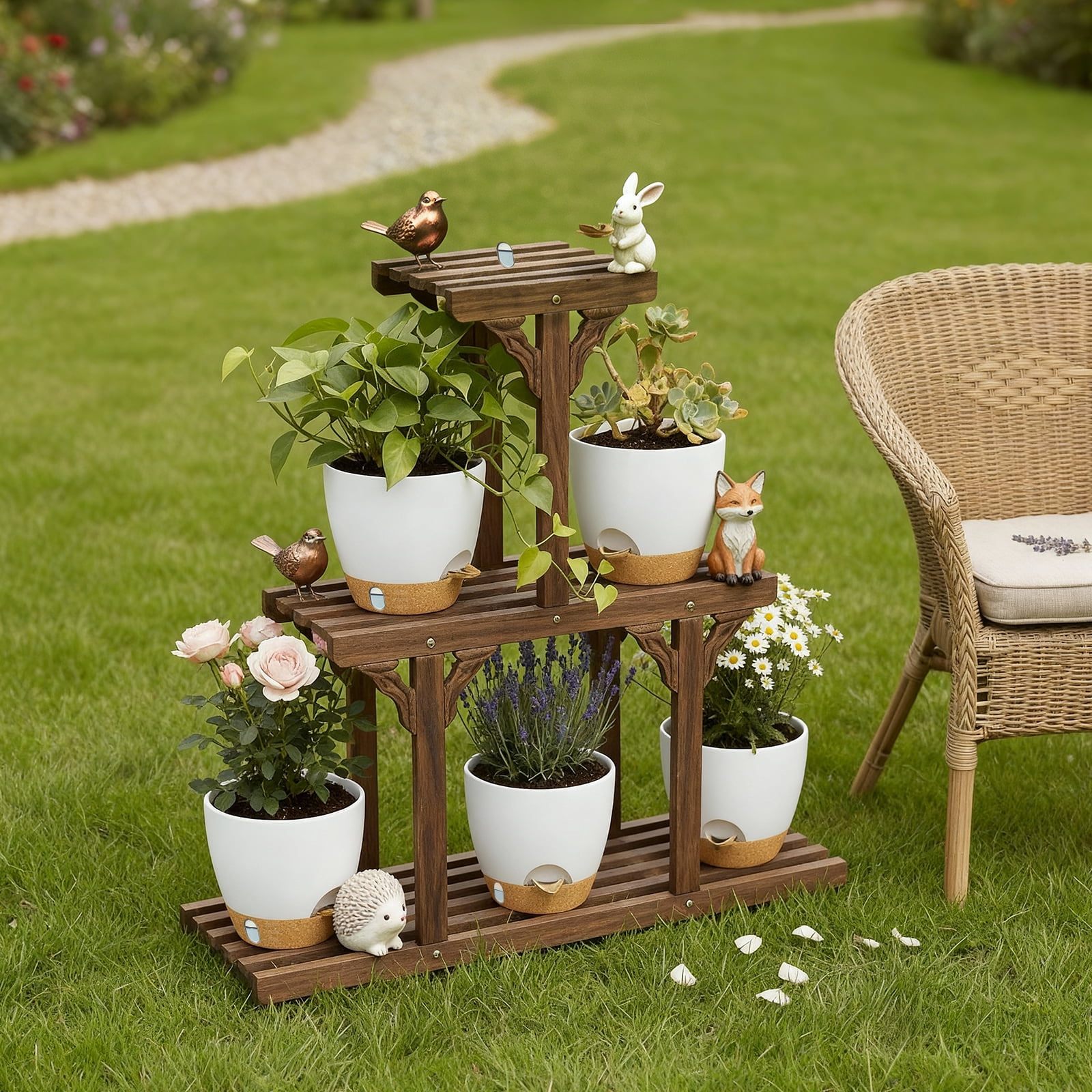 FIASON 5 Pack 6 Inch White with Brown Self Watering Plant Pots, with Watering Lip, Drainage Holes & Removable Saucer, Flower Planters for Indoor Outdoor Garden House Plants