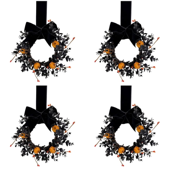 OJSFQUFP 4 Pack Halloween Pumpkin Wreath 9" Mini Fall Wreath for Front Door Pumpkin Kitchen Cabinet Fall Wreaths Decor for Front Door Farmhouse Porch Wall Window Decor