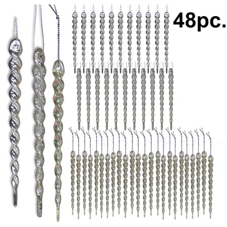 Iridescent Set - Silver and Clear Iridescent Icicle Christmas Ornaments - Set of 48 Assorted Shatterproof Icicles - 12 Shiny Silver Icicles - 12 Glitter Silver Icicles .., By Banberry Designs Ship from US