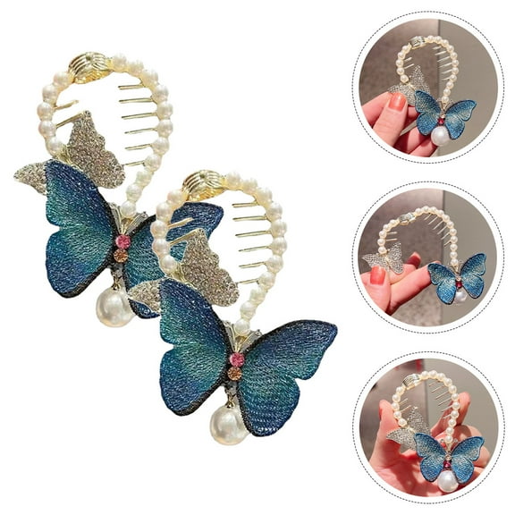 TINKSKY 2Set Butterfly Hair Clips for Women with Rhinestone Hair Bun Holder