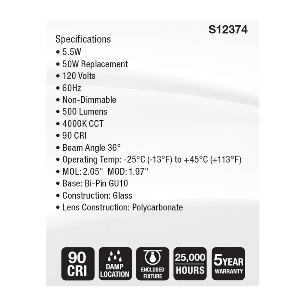 Satco S12374 MR16 LED Flood Light Bulbs 120V 5.5W 4000K GU10 Base Dimmable (12 Pack)