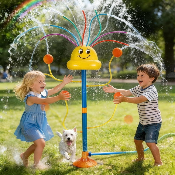 TERRAMUS Kids Water Sprinkler Yard Play Set, Smile Face Rainbow Splash Toy with Spinning Wiggle Tubes, Outdoor Toys for Toddlers Ages 3