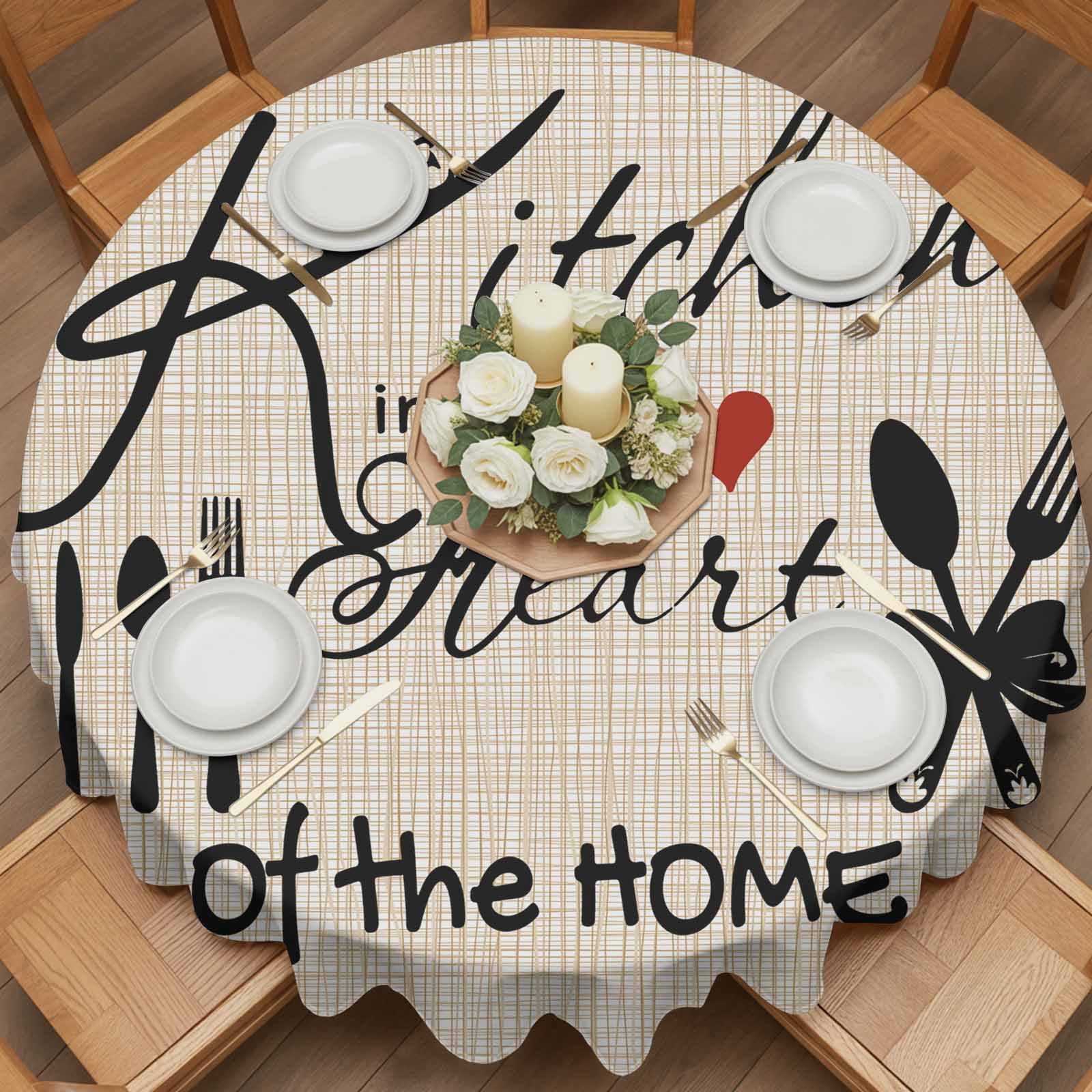 Round Tablecloth Vintage Waterproof Oil Proof Polyester Table Cloth Cover Decor for Home Dining Outdoor,Patio,Parties, 54" Dia. The Kitchen in The Heart of The Home Black Tan Brown