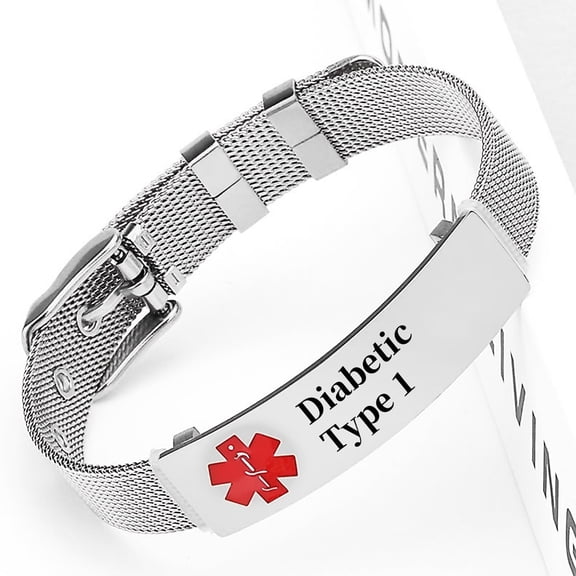 Vagzen Stainless Steel Medical Alert ID Bracelet for Men Women,Engraving Diabetic Type 1,Adjustable