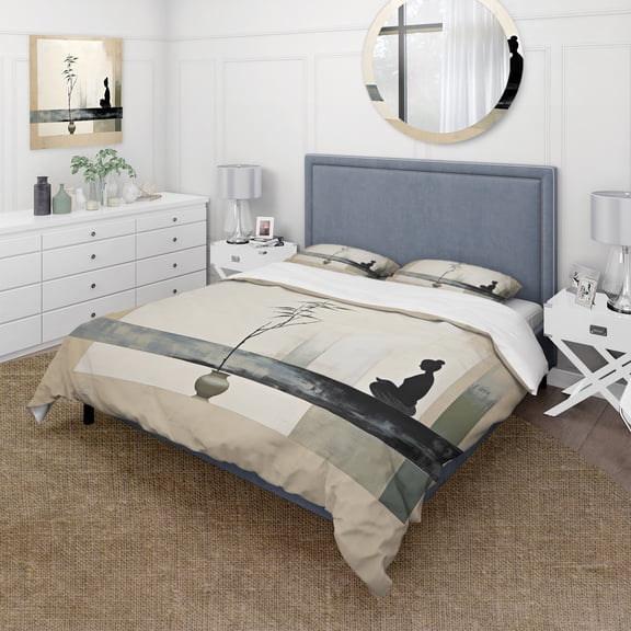 Designart "Modern Zen Asian Painting I" Asian Bedding Covert Set - Asian Art Beige People Bed Set With 2 Shams