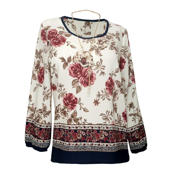 eVogues Plus Size Long Sleeve Top White Floral Print