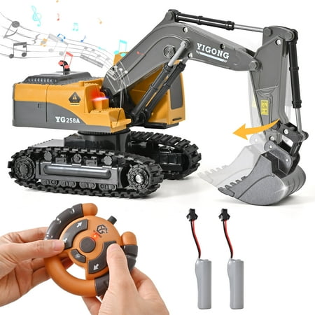 Construction Toys - Mini Remote Control Excavator, RC Construction Vehicles Toys with Metal Shovel, Lights, and 2 Rechargeable Batteries, Best Gift for Kids