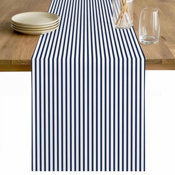 Navy Blue Stripes Cotton Linen Rectangle Table Runners 13"x70", Modern Farmhouse Striped Simple Classic Coffee Table Runner Dresser Scarves Luxury Table Runners for Wedding Party Banquet Dinner Decor