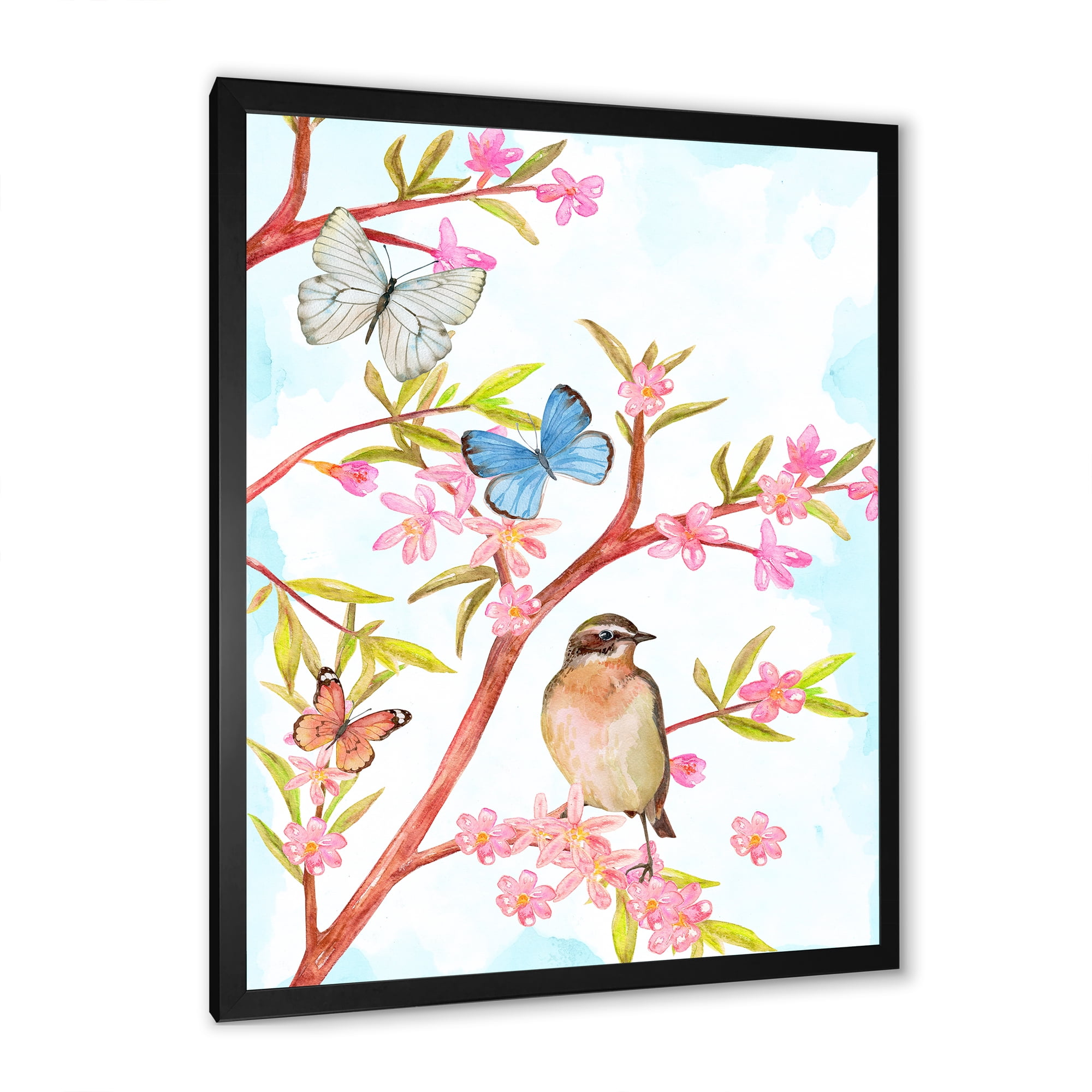 Clever Bird Sitting On Branch of A Spring Tree With Butterflies 12 in x 20 in Framed Painting Canvas Art Print, by Designart