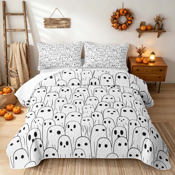 Erosebridal Cute Ghost Twin Quilt Set, Halloween Doodle Twin Coverlet Set for Boys Girls, White Black, 2-Piece 1 Bedspread and 1 Pillowcase