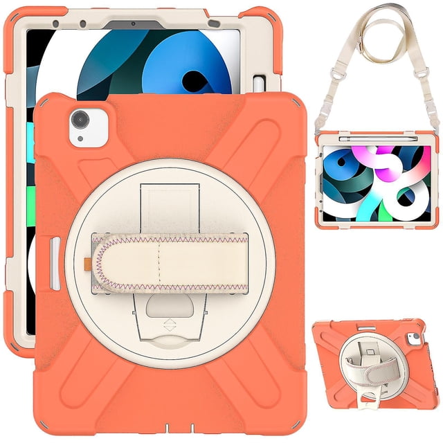 Funda para iPad Air4 de 10,9 pulgadas con correa para el hombro, soporte giratorio y portalápices