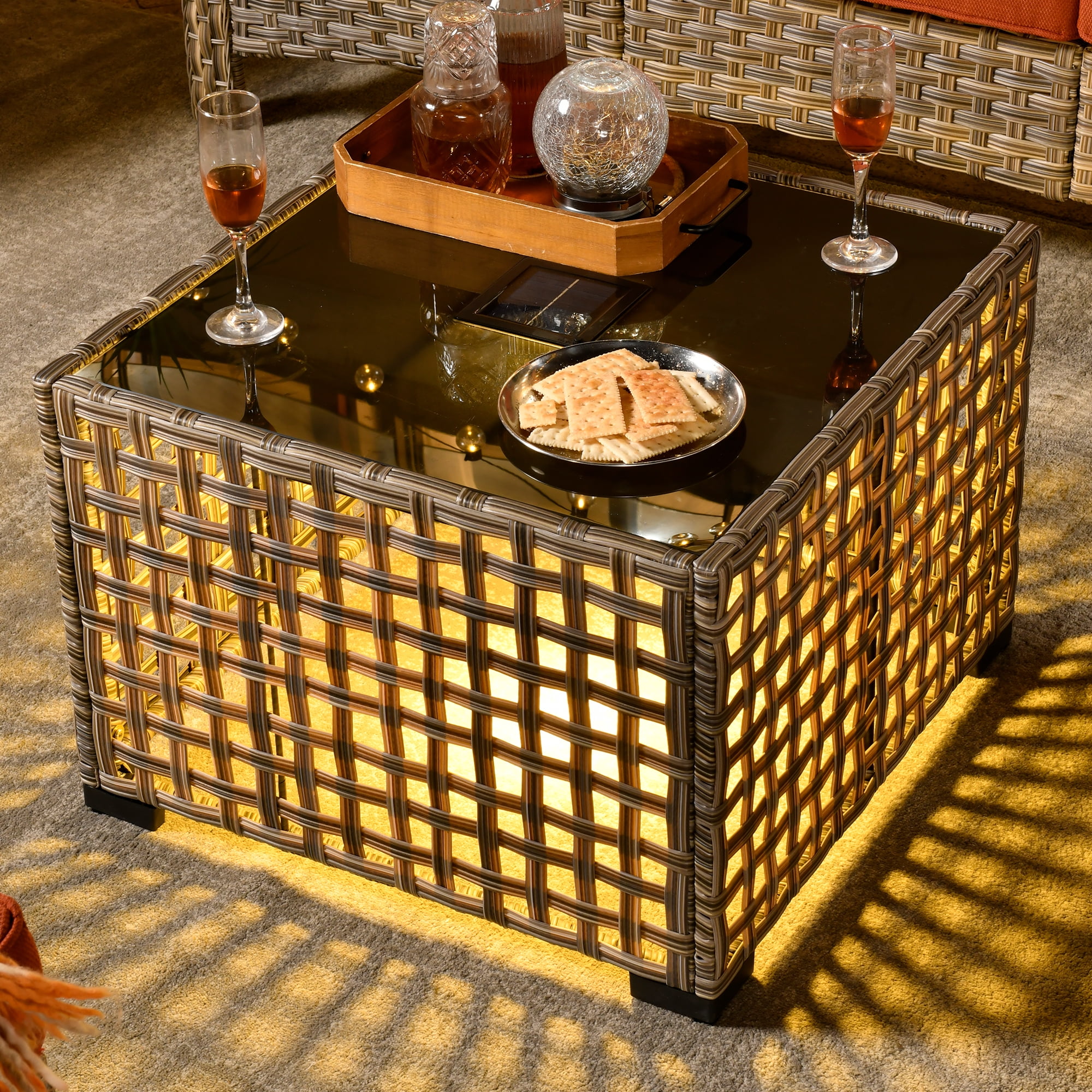 Ovios 3 Pieces Outdoor Patio Sectional Furniture Cushioned PE Rattan Wicker Chairs Conversation Set with Solar Lamps Coffee Table for Backyard