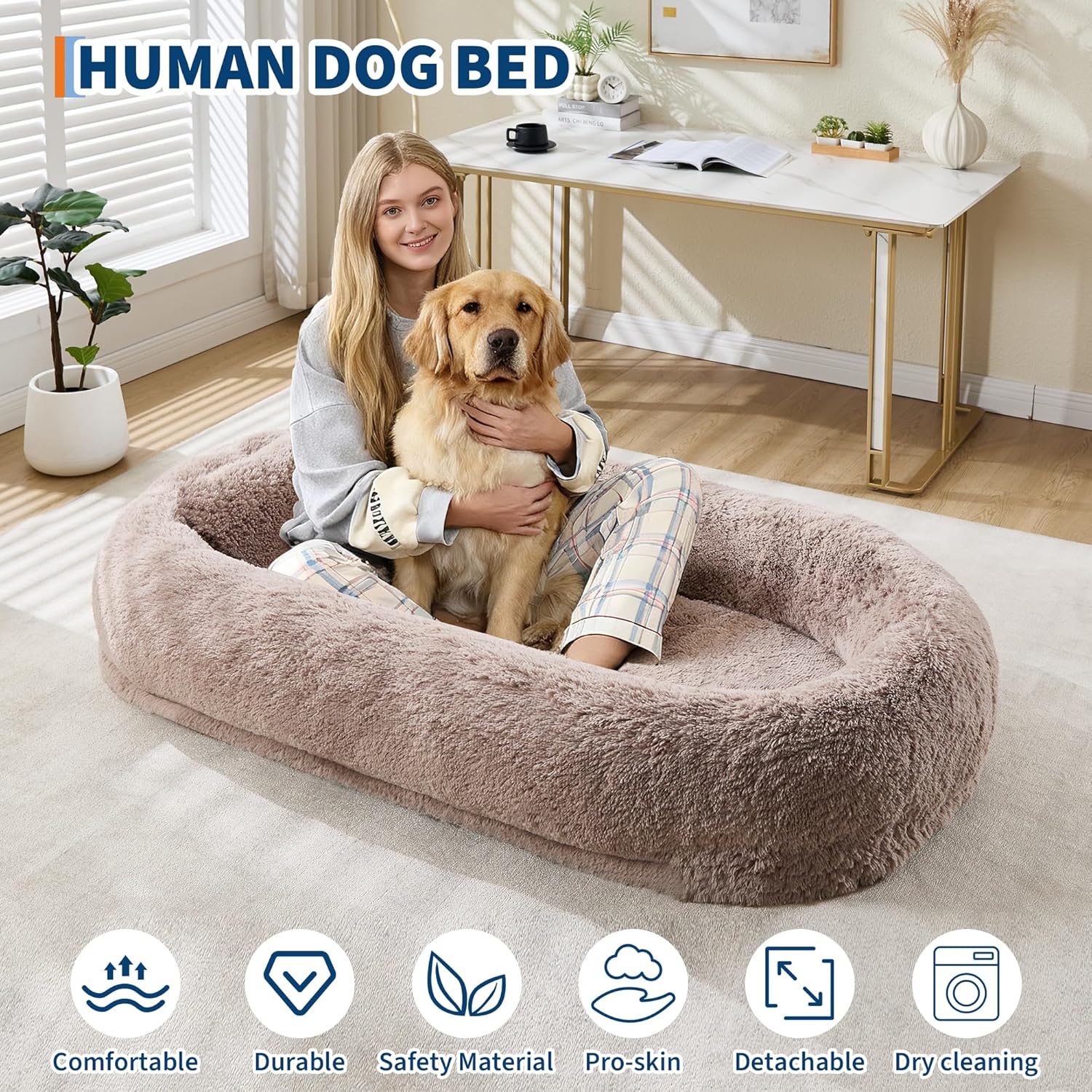 Acekid Human Dog Bed 67 Inch Adult Pets No Assembly Required Washable Fluffy Faux Fur Orthopedic Dog Bed Plump Pi