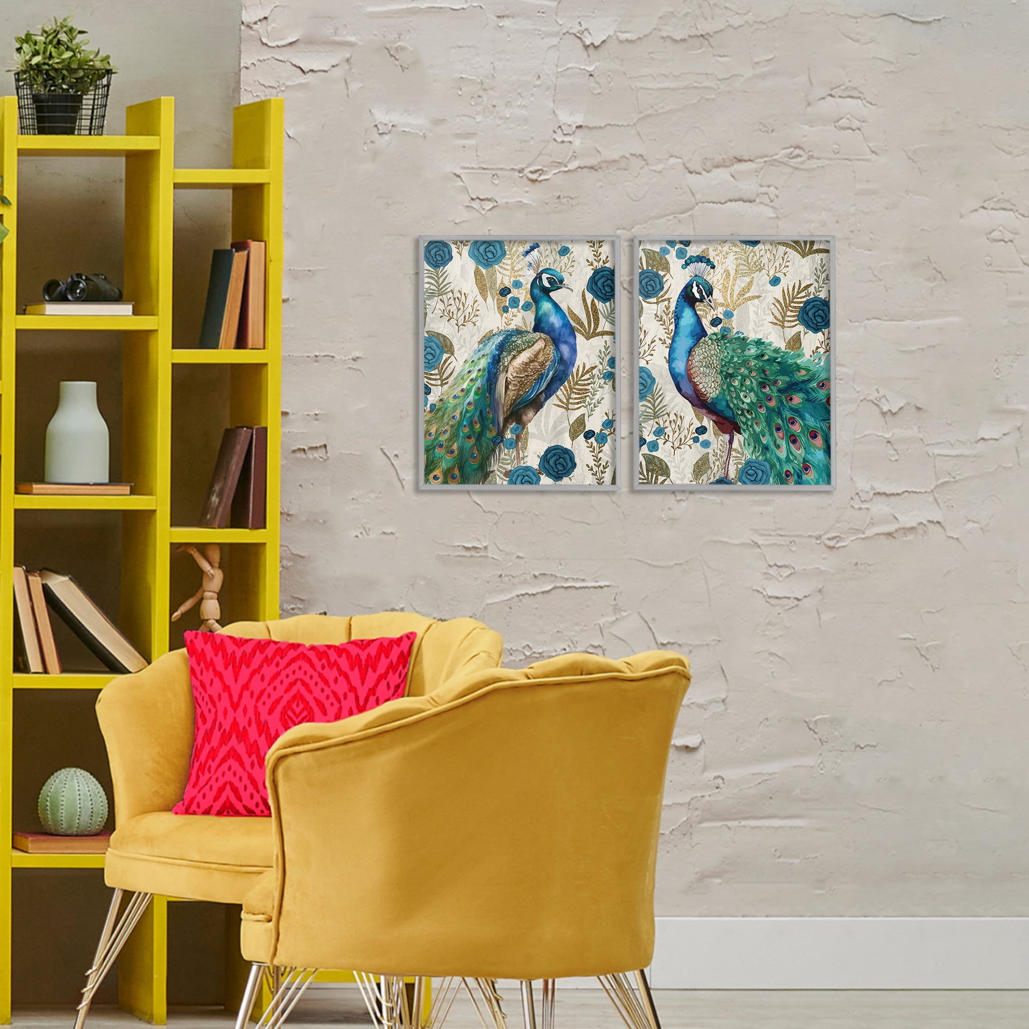 Stupell Industries Floral Peacock Pride 2 Piece Gray Framed Giclee Art Set, design by Kim Allen