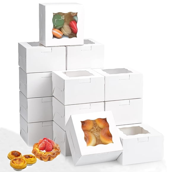 100 Cajas para Postres con Ventana,individuales para cupcakes de 10.2 * 10.2 * 6.5cm,Individuales Cajas para Galletas Portátiles para Donas, Pasteles, Pastelería, Postres,para Bo